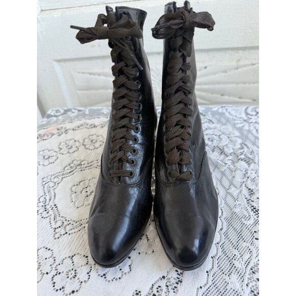 Antique 1910&#39;s Edwardian Womens Black Leather High Lace Up Boots Sz 5 - Picture 4 of 16